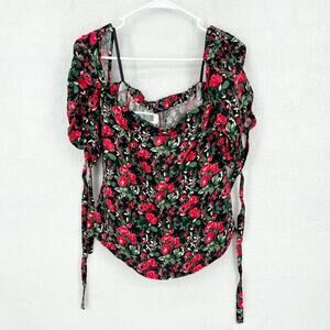 Club Monaco Top Women Size 2 Liki Red & Green Floral Off-Shoulder Cotton Blouse